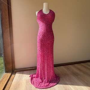 Vintage Hot Pink Sequin Beaded Halter Neck Mermaid Maxi Dress Gown